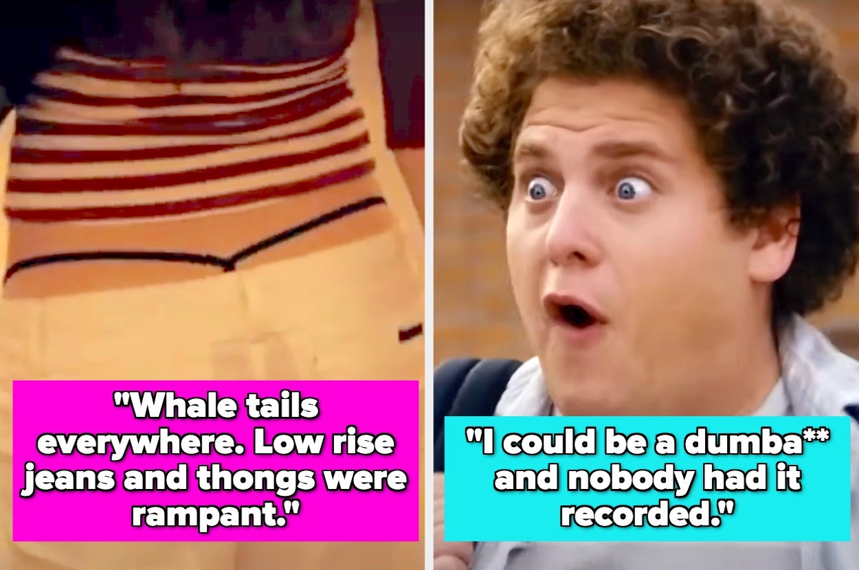 Side-by-side images: left, low-rise jeans with a visible thong; right, a surprised person with curly hair. Quotes reflect 2000s fashion and privacy