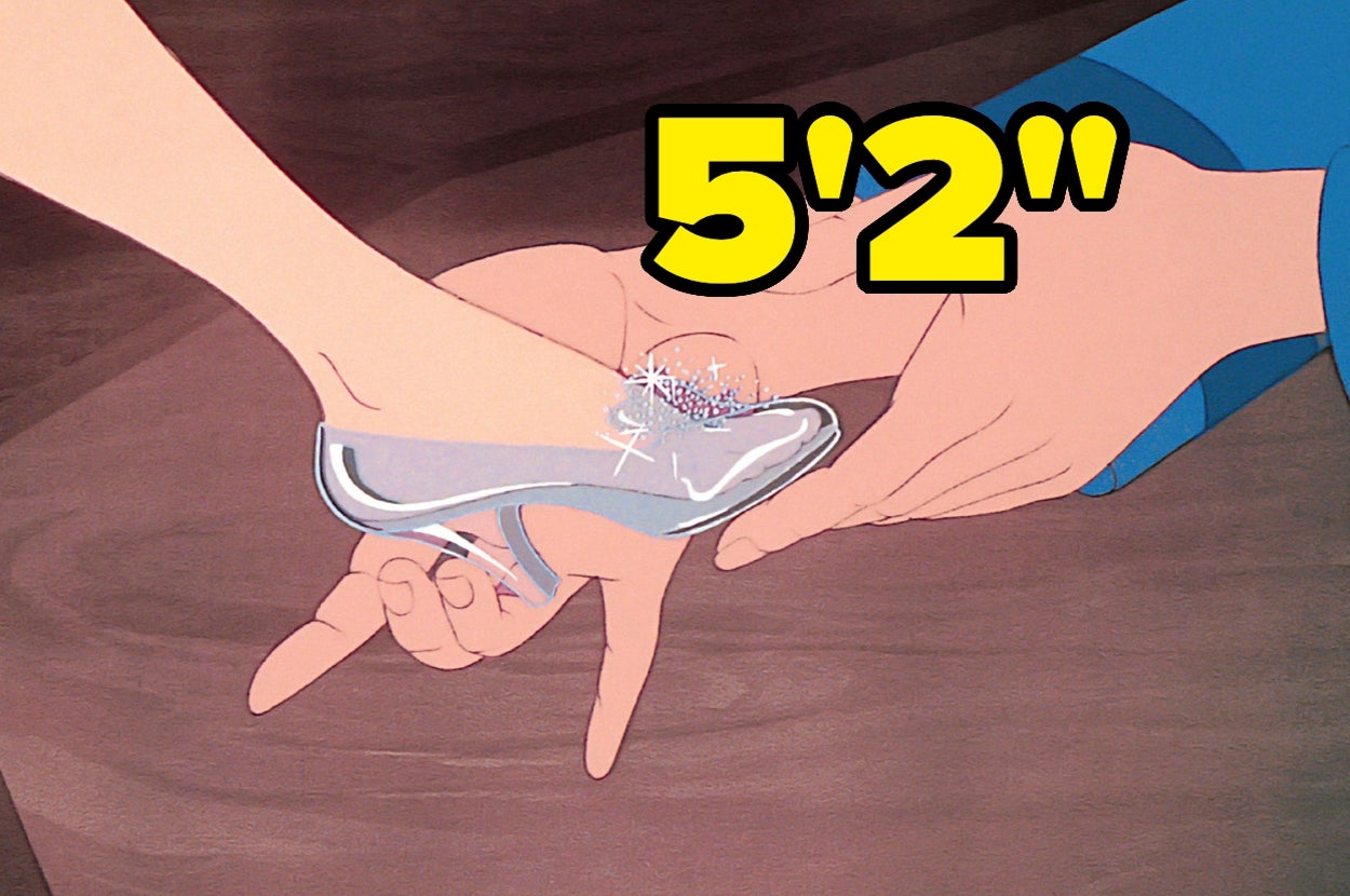 Animated scene of a glass slipper being fitted on a foot, with the text "5'2''" above