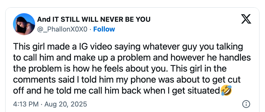 A social media post humorously discusses responses from a guy when a girl pretends her phone will be disconnected, with a laughing emoji