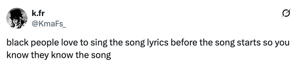 Tweet humorously notes that people sing song lyrics before the music starts to show familiarity with the song