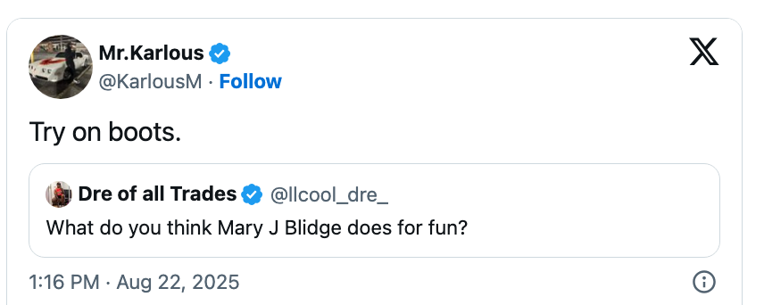 Tweet reply suggesting Mary J. Blige tries on boots for fun; features usernames but no image or visual elements