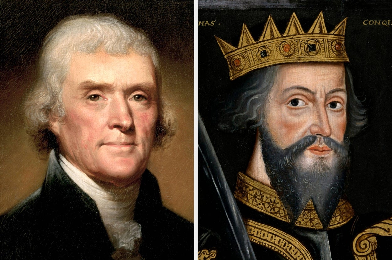 Portraits of two historical figures: one wearing 18th-century attire, the other in medieval royal attire with a crown