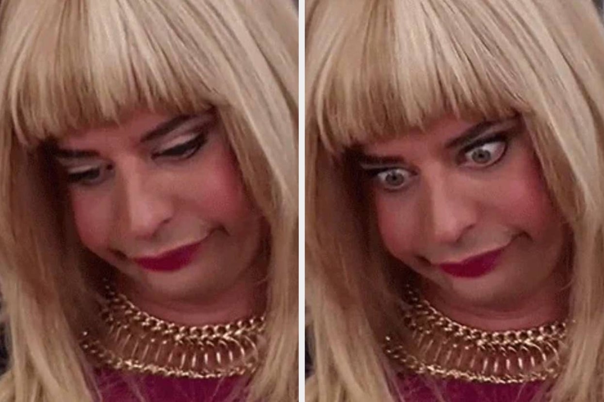 Person with long hair and heavy makeup making a humorous expression, shown in two similar side-by-side images