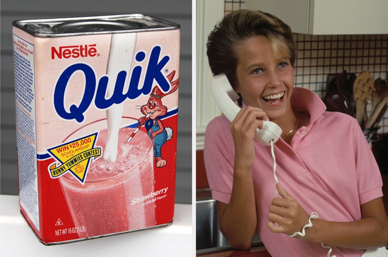 Vintage Nestlé Quik metal can alongside a person in a pink polo shirt, smiling and talking on a corded phone in a kitchen setting