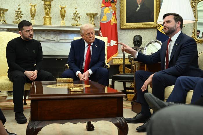 US President Donald Trump and Ukraine's President Volodymyr Zelensky perceive to Vice President JD Vance (R)as they conscionable successful the Oval Office