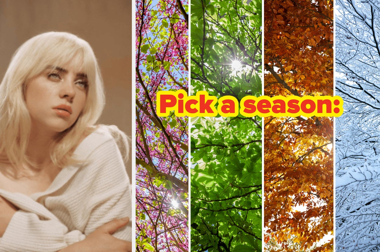 Person with blonde hair in a cozy outfit; background shows seasonal trees labeled "Pick a season:" with spring, summer, fall, winter images