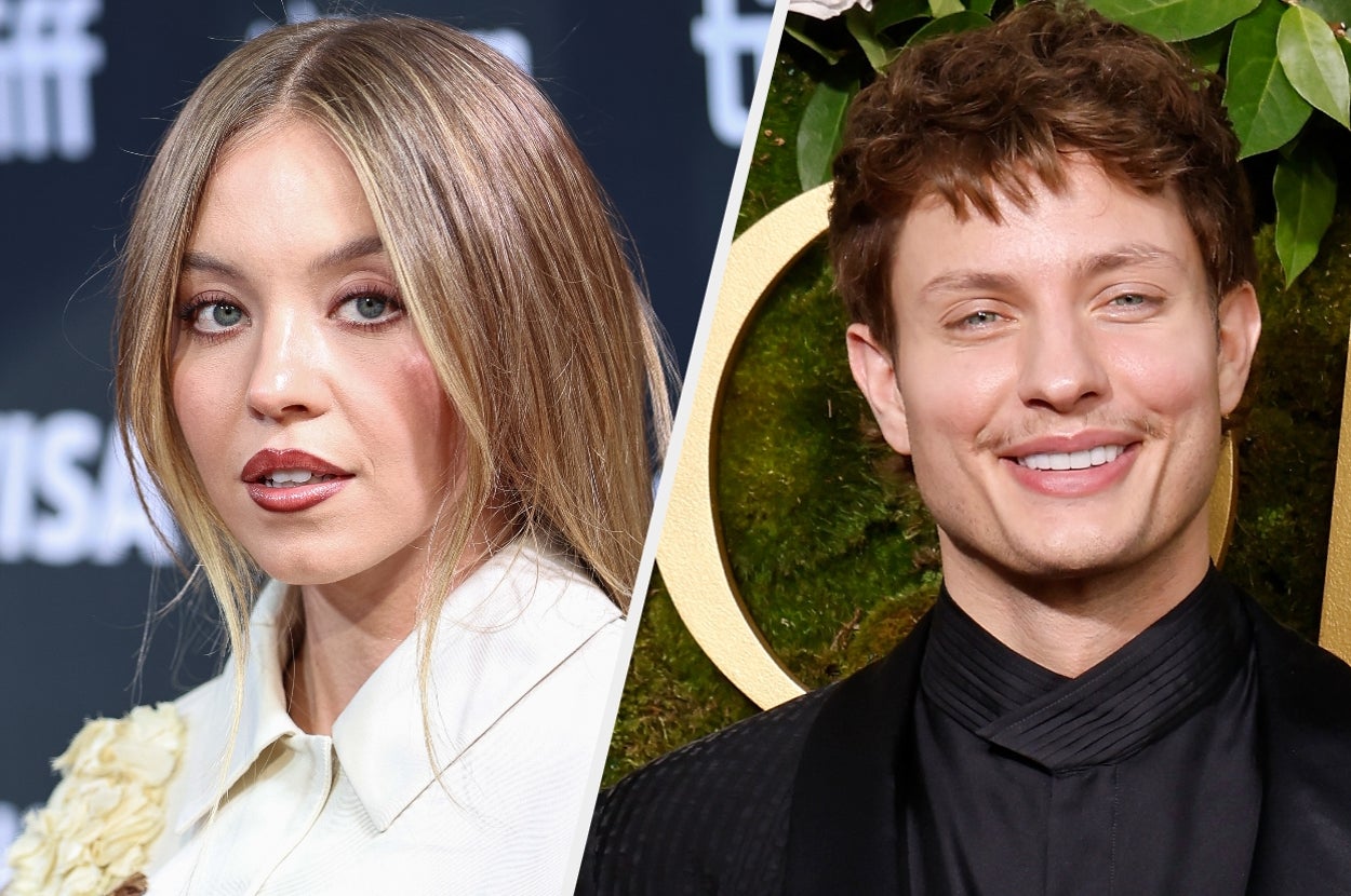 Two individuals on separate red carpets. The person on the left wears a white blouse, the person on the right wears a dark suit with a textured shirt