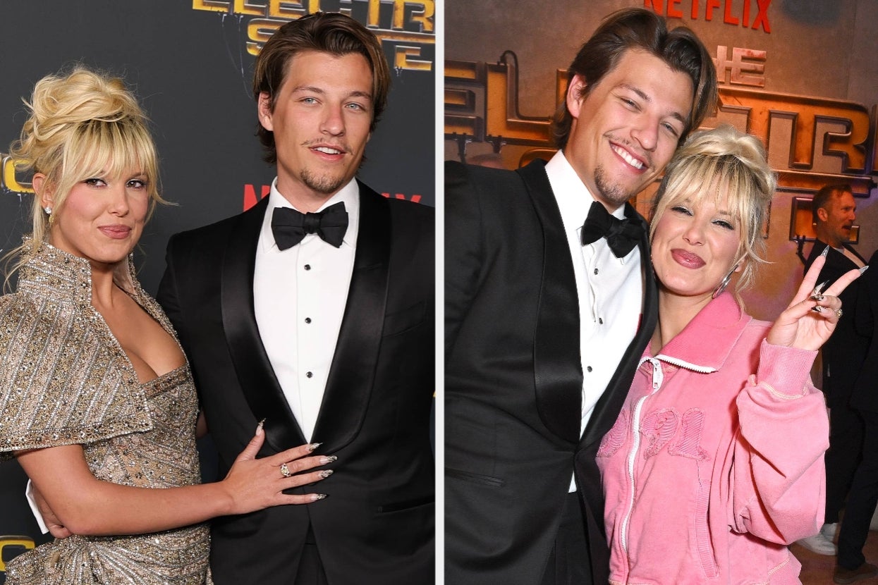 Two images of a couple at a red carpet event: one in formal attire, the other in more casual clothing, smiling and posing together
