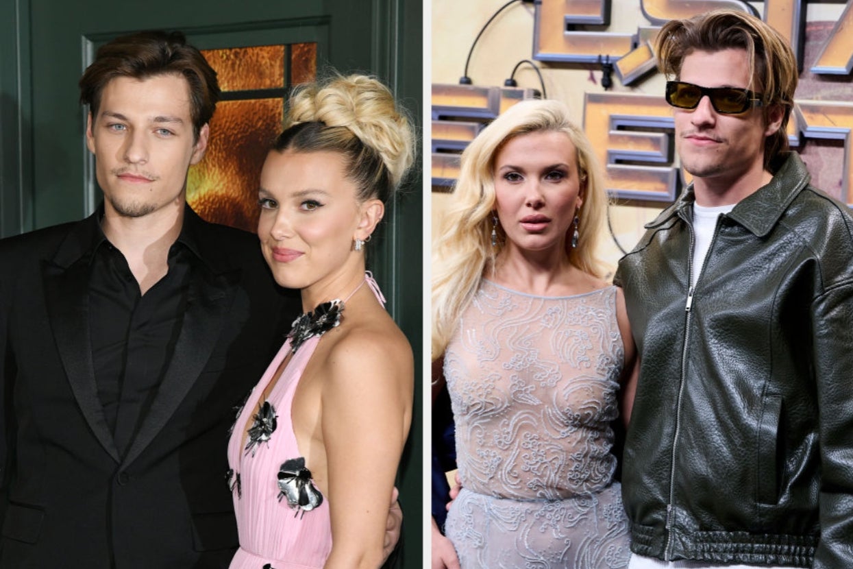 Two images: Left, a man in a suit and woman in a floral gown pose together. Right, same man in a leather jacket and woman in a sheer dress at an event