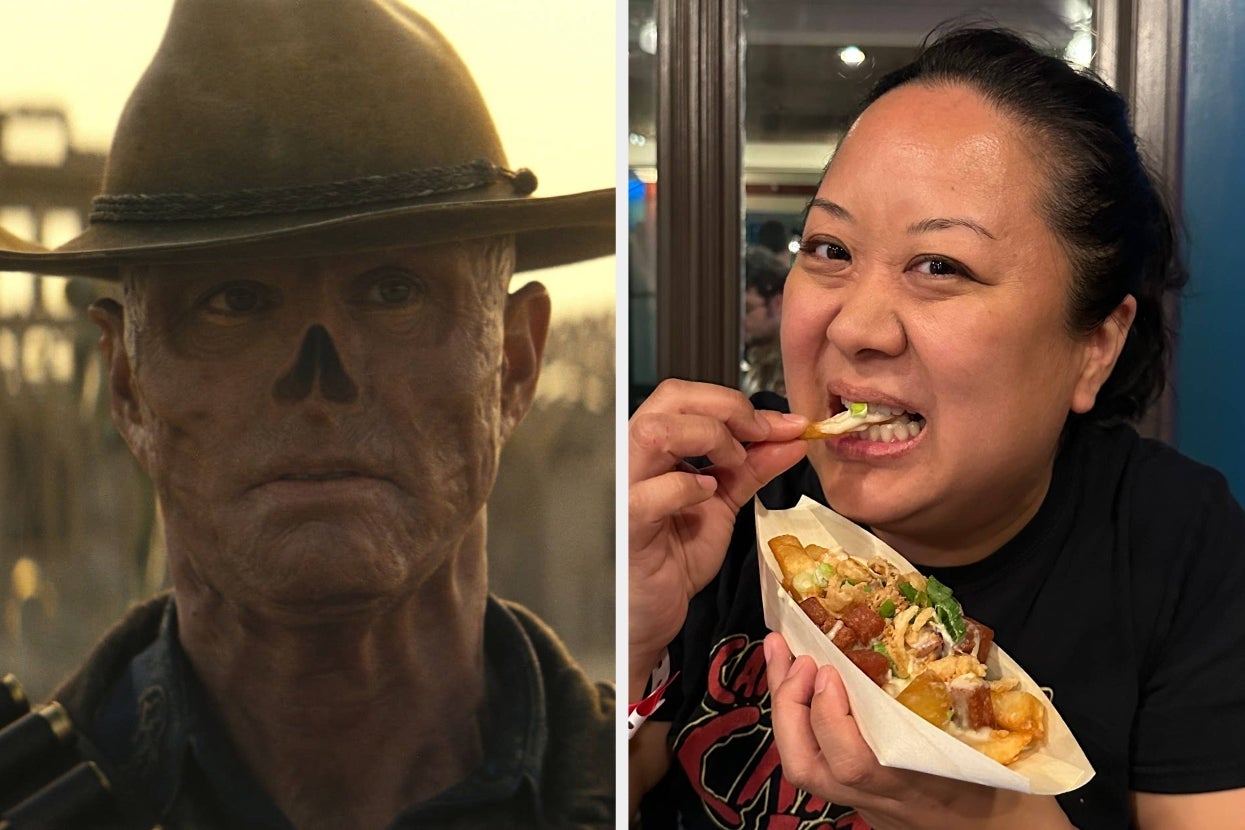 Split image: On the left, person in a military-style hat and makeup resembling a skull. On the right, person happily eating loaded fries in a casual setting