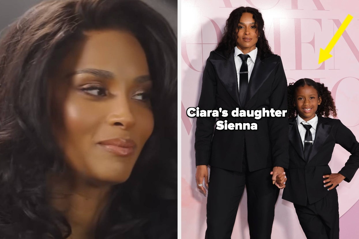 Ciara with big hair looks to the left vs Ciara and Sienna Wilson in matching formal suits stand together on a carpet