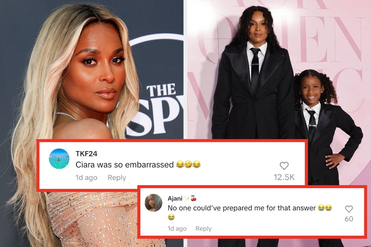 Ciara in a sparkly offshoulder dress with long hair and a diamond necklace vs Ciara and Sienna Wilson on the red carpet in matching suits
