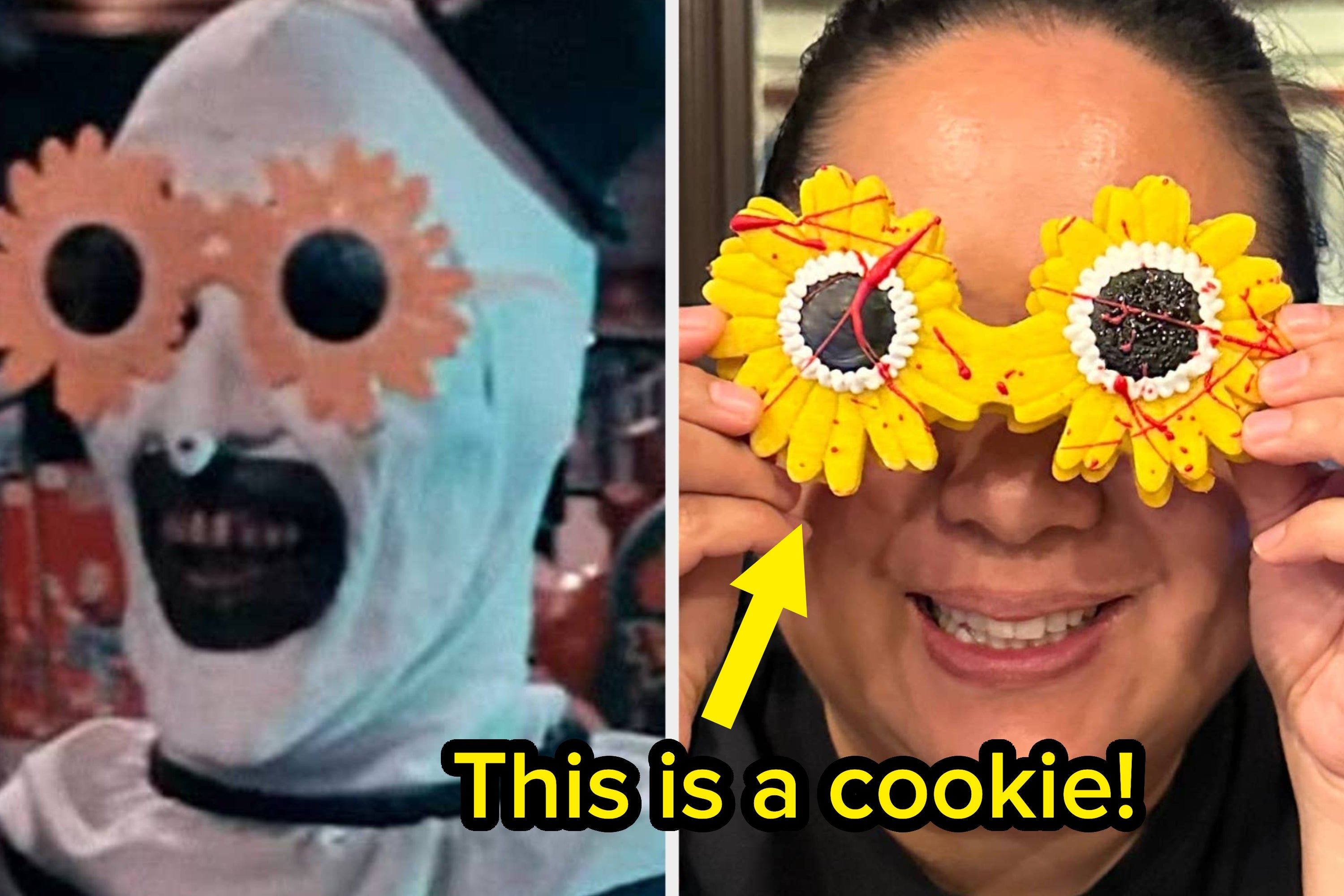 Two people wearing unique sunflower-themed glasses, one with a white costume and face paint, the other smiling without additional costume