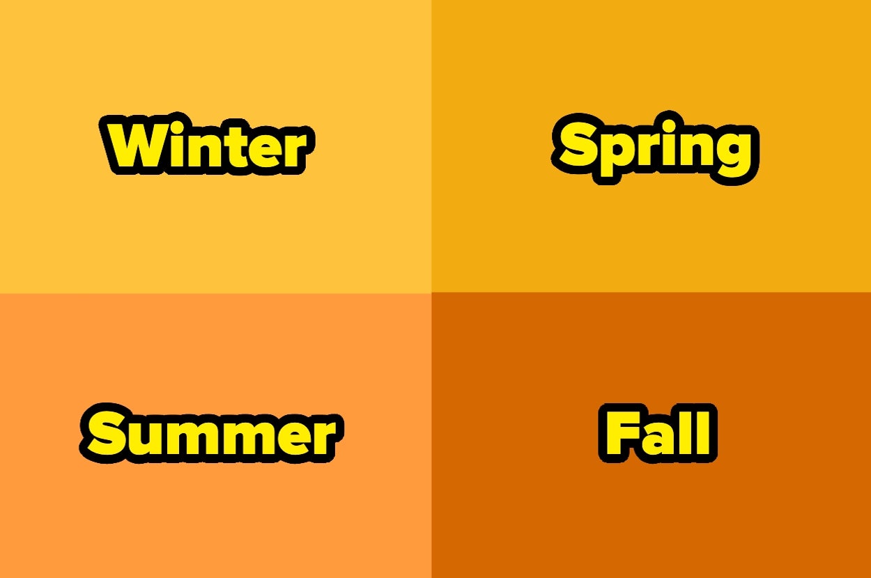 The image shows four labeled sections: Winter, Spring, Summer, and Fall, each overlaid on a different shade of orange