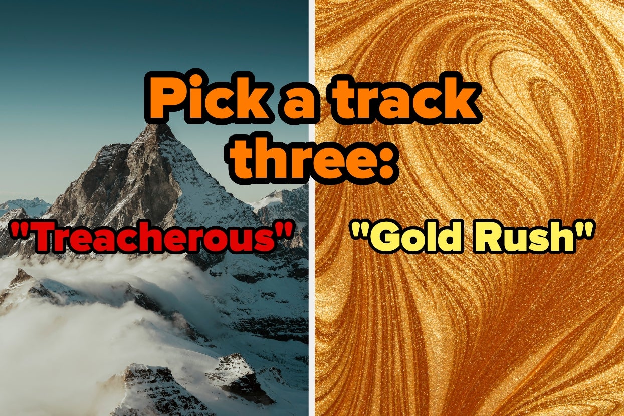 Background images of mountains and gold swirls with text: "Pick a track three: 'Treacherous' or 'Gold Rush'."