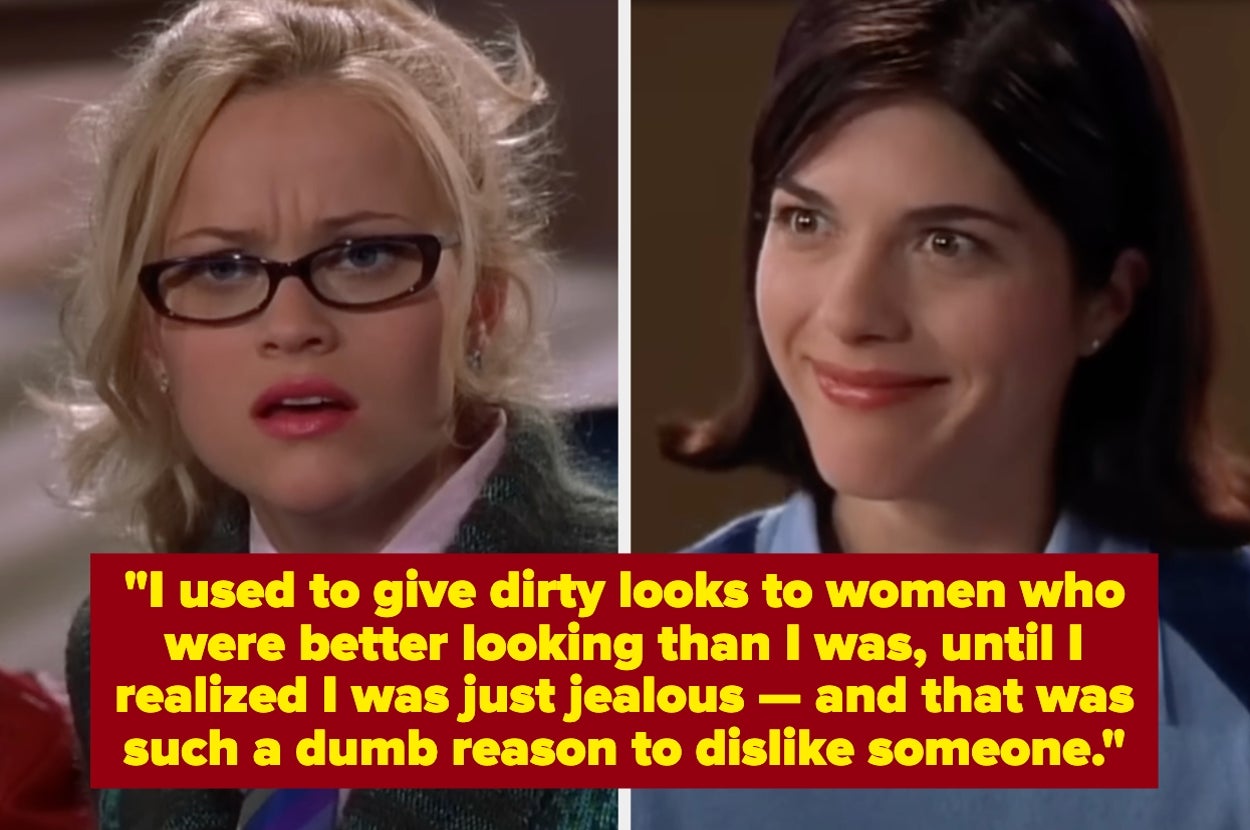Two women in split screen; left wears glasses, right smiles. Text: "I used to give dirty looks to women...realized I was just jealous...dumb reason to dislike someone."