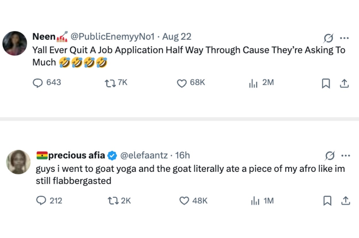 User exited job application mid-process due to high demands vs User shares humorous experience at goat yoga where a goat ate their hair