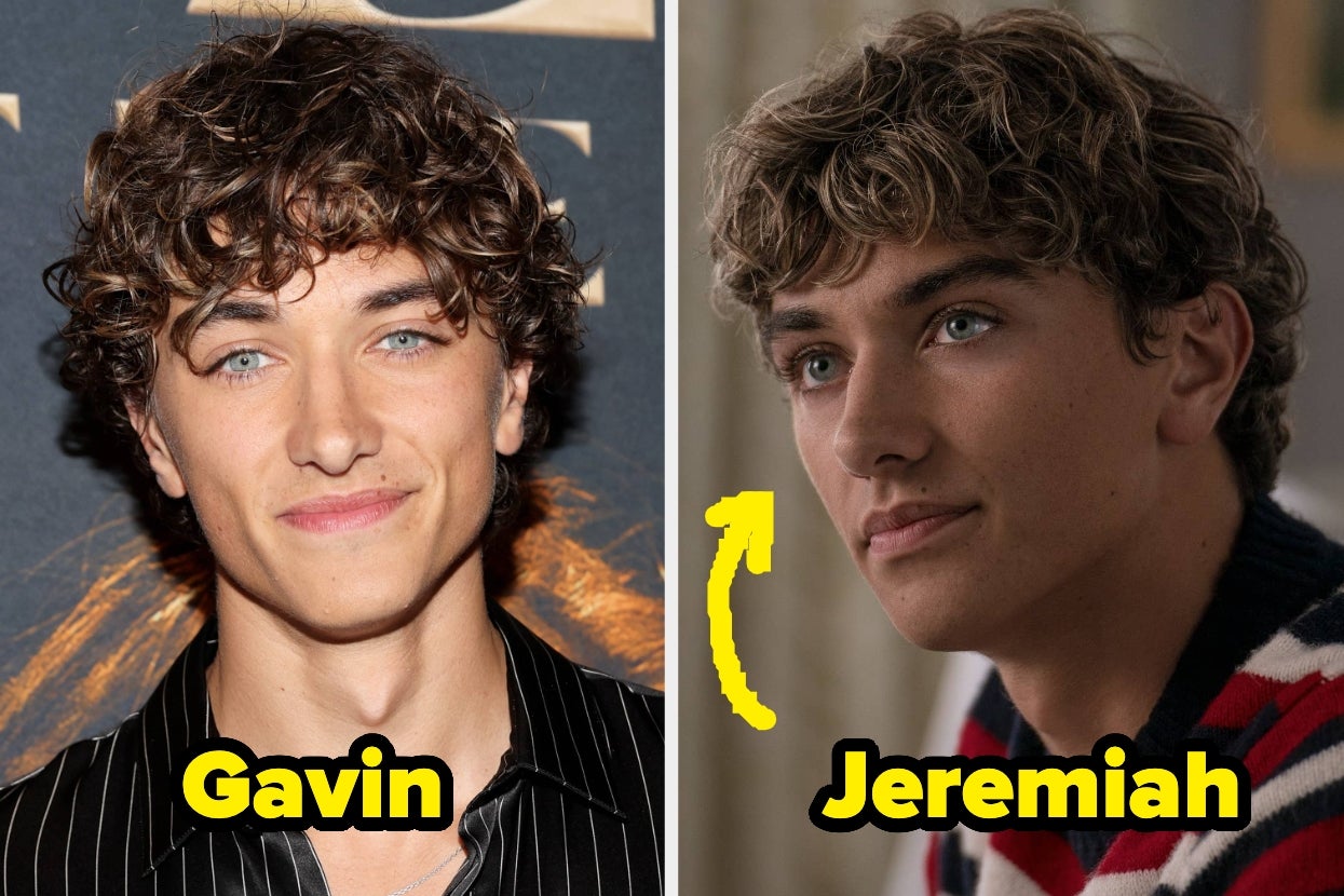 Side-by-side images of the same person with curly hair and labeled names: left "Gavin" on a red carpet, right "Jeremiah" indoors