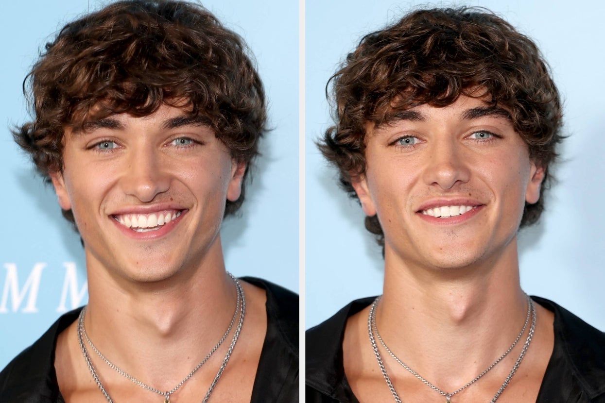 I don't know who the person is, but they are wearing a black shirt and silver necklaces, smiling in twin side-by-side portraits against a plain background