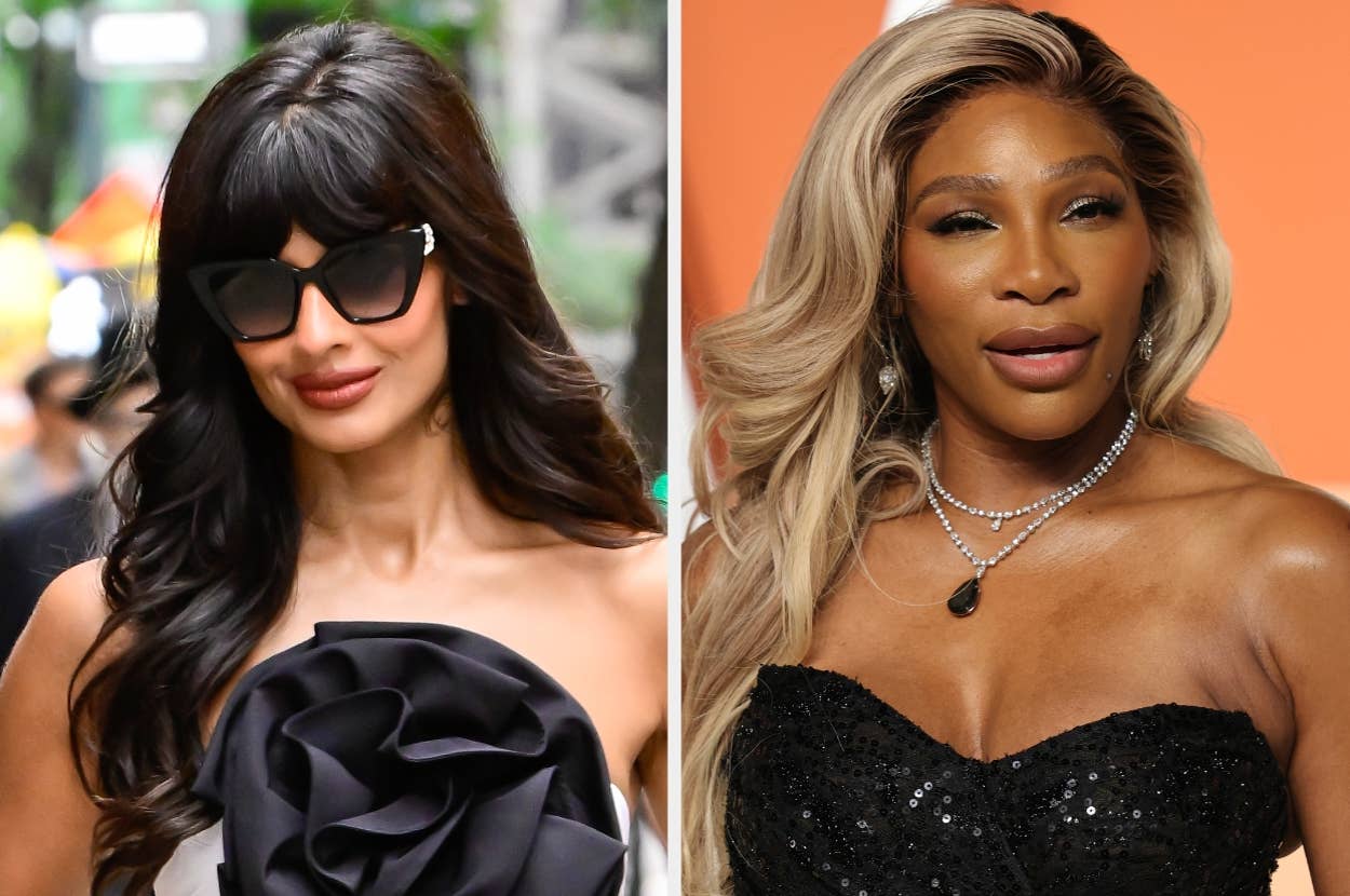 Two women, one in a black strapless dress with floral detail and sunglasses, the other in a black strapless dress with long hair, at a public event