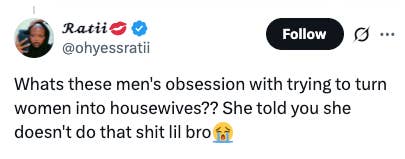 Tweet questioning why men try to make women housewives, with a woman's refusal and a crying emoji