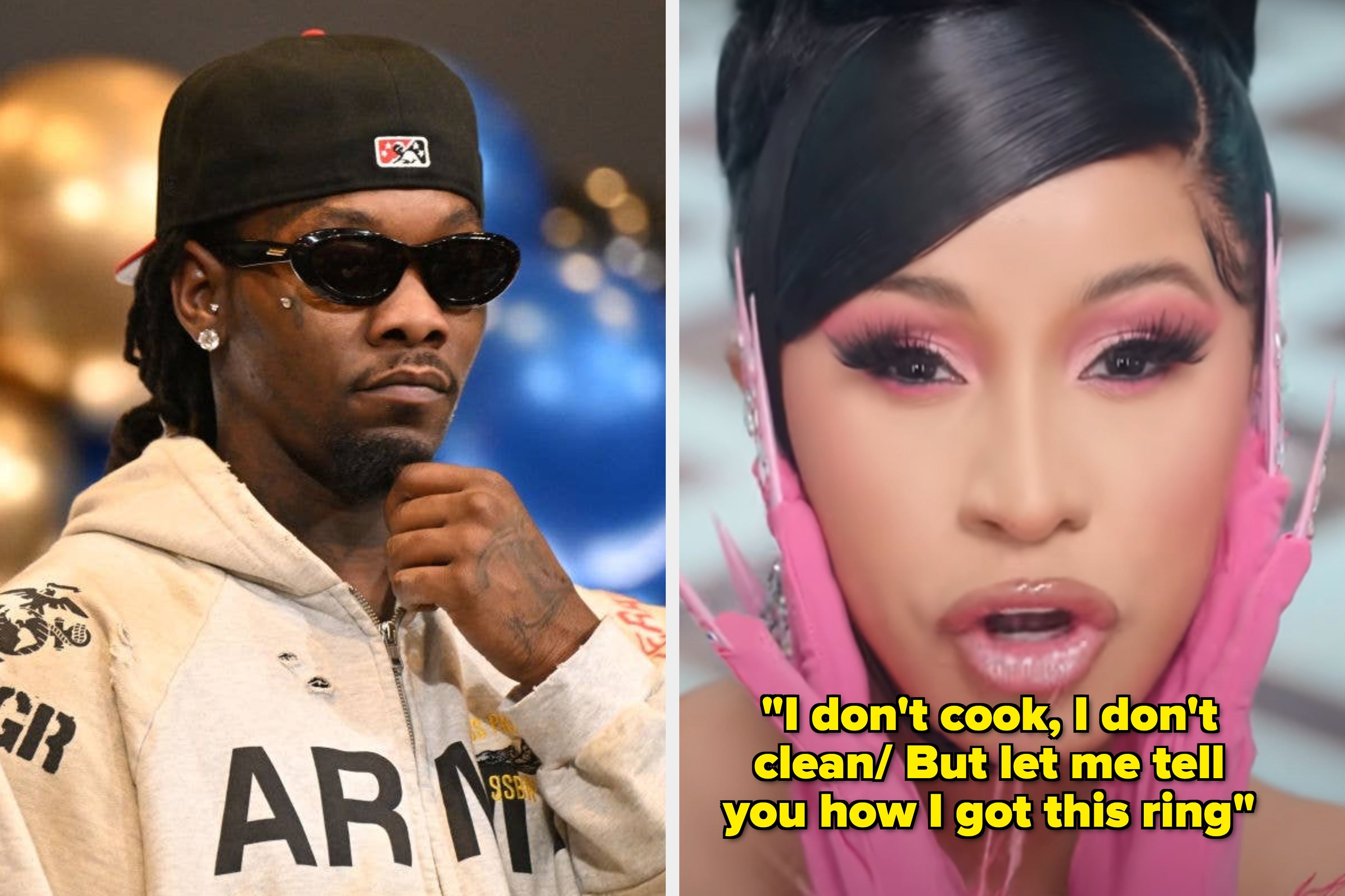 Two separate images: A person wearing a hoodie and sunglasses on the left; another person with glossy makeup and bright gloves on the right