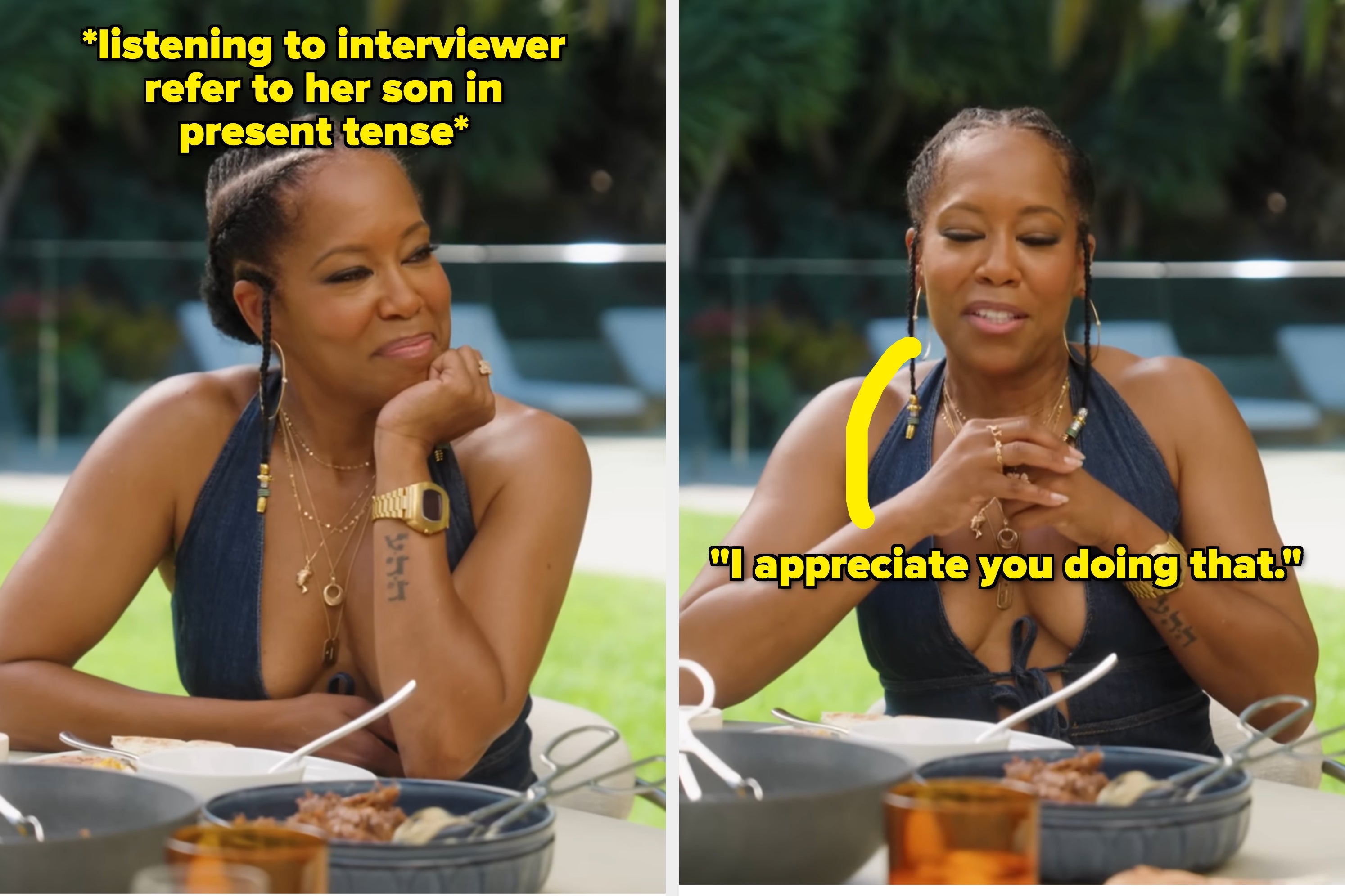 Regina King listening in an interview vs Regina King speaks in an interview