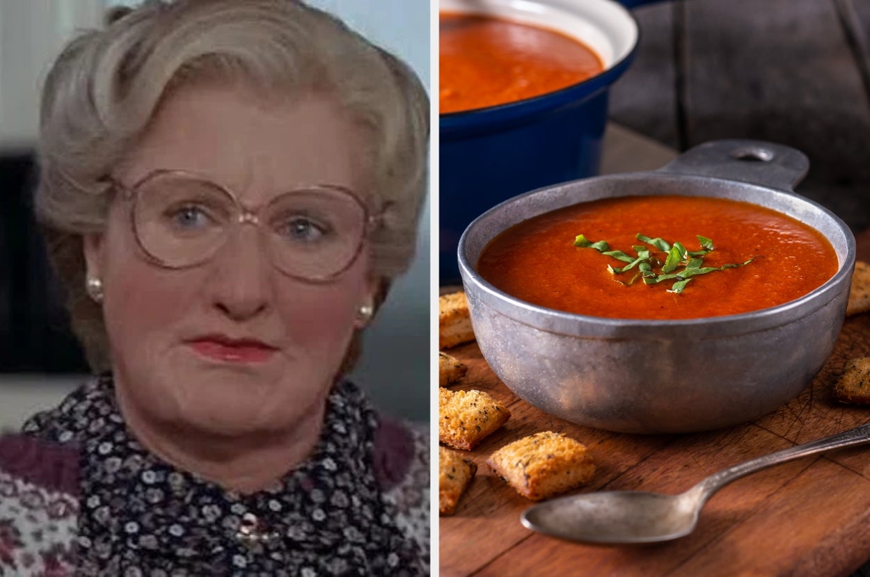 Left: Elderly person wearing glasses, floral dress. Right: Tomato soup in a metal bowl with croutons on a wooden table