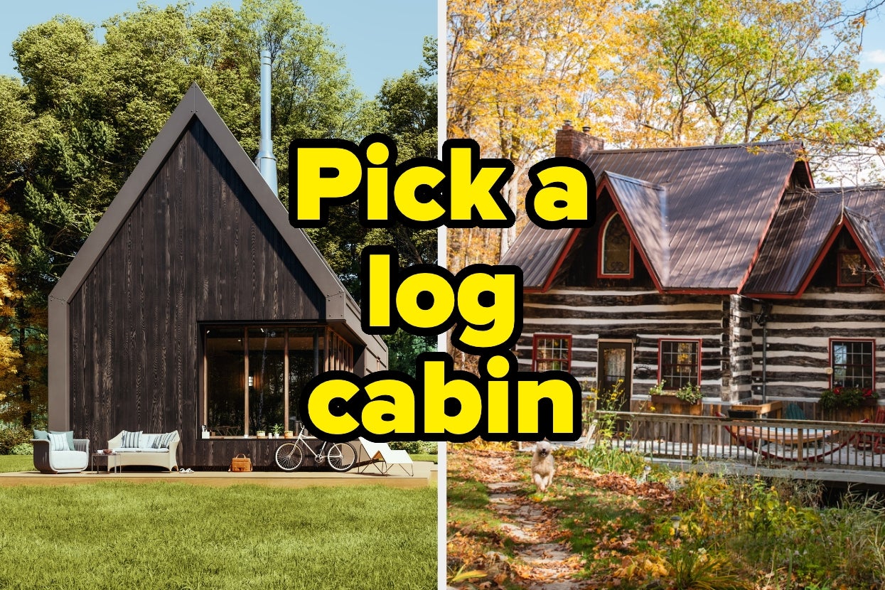 Split image of a modern cabin with large windows and a traditional log cabin with a porch. Text reads: "Pick a log cabin."