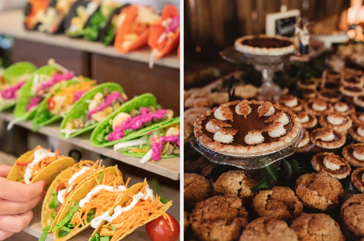 Assorted tacos on left, with a variety of fillings. On right, a display of pies and cookies on a table