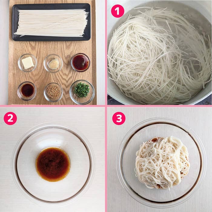 調理工程の写真:1. 鍋で麺をゆでる。2. ボウルにソースを準備。3. ゆでた麺をソースに混ぜる。