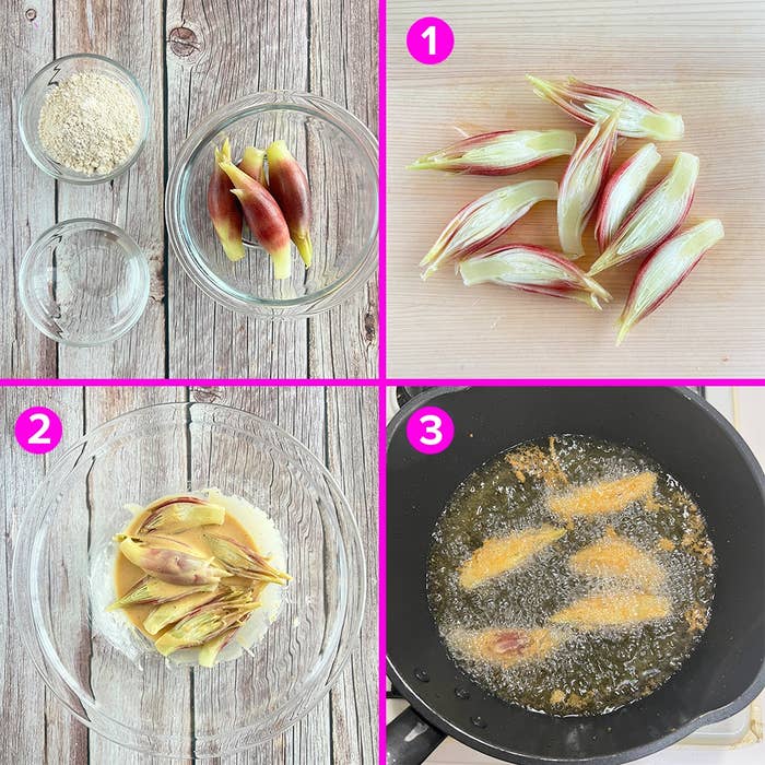 ミョウガの天ぷらを作る過程。1. 切ったミョウガ。2. 衣に浸けたミョウガ。3. 油で揚げている様子。