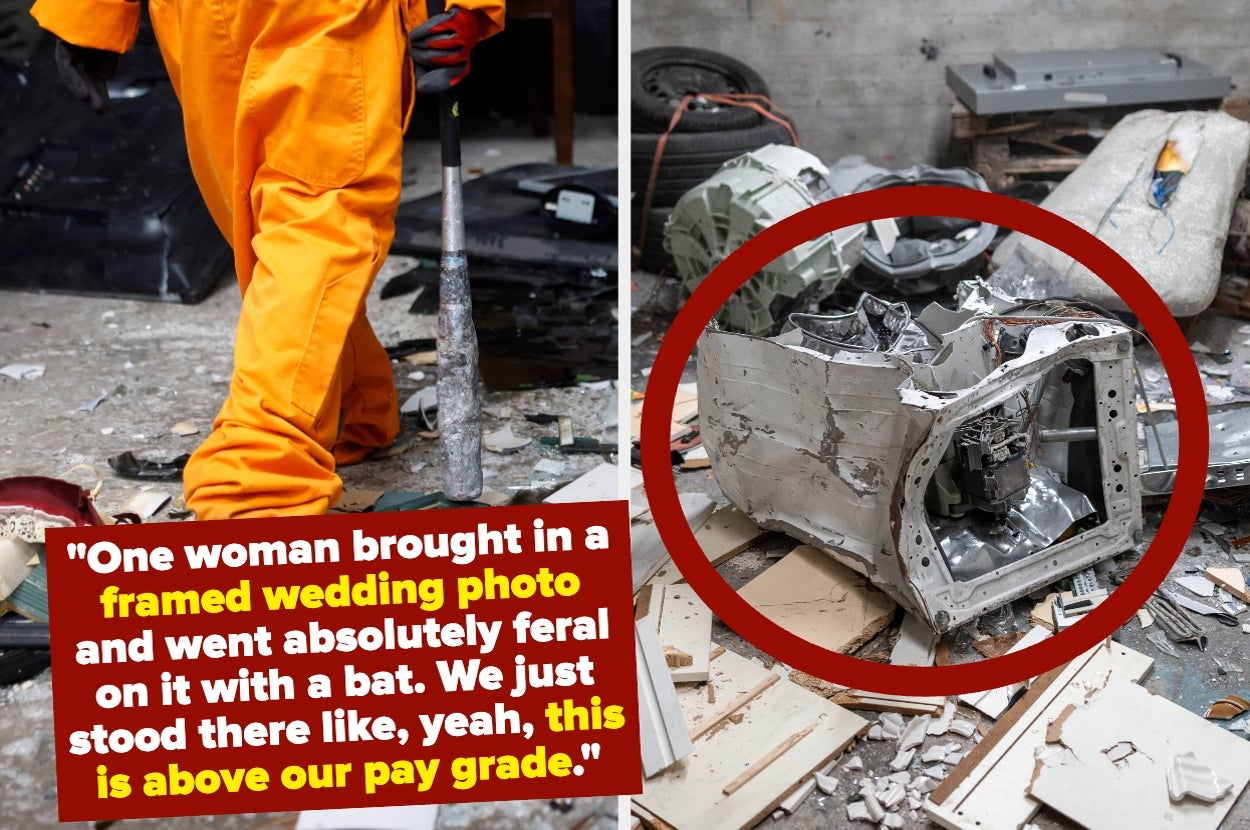Person in orange coveralls stands beside wrecked items; text relates a story of a woman destroying a framed wedding photo with a bat, beyond employees' pay grade