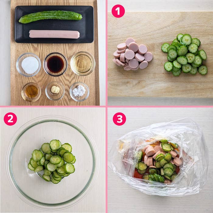 調理手順:1. きゅうりとソーセージをスライス。2. ボウルに入れる。3. 調味料を加え袋で混ぜる。