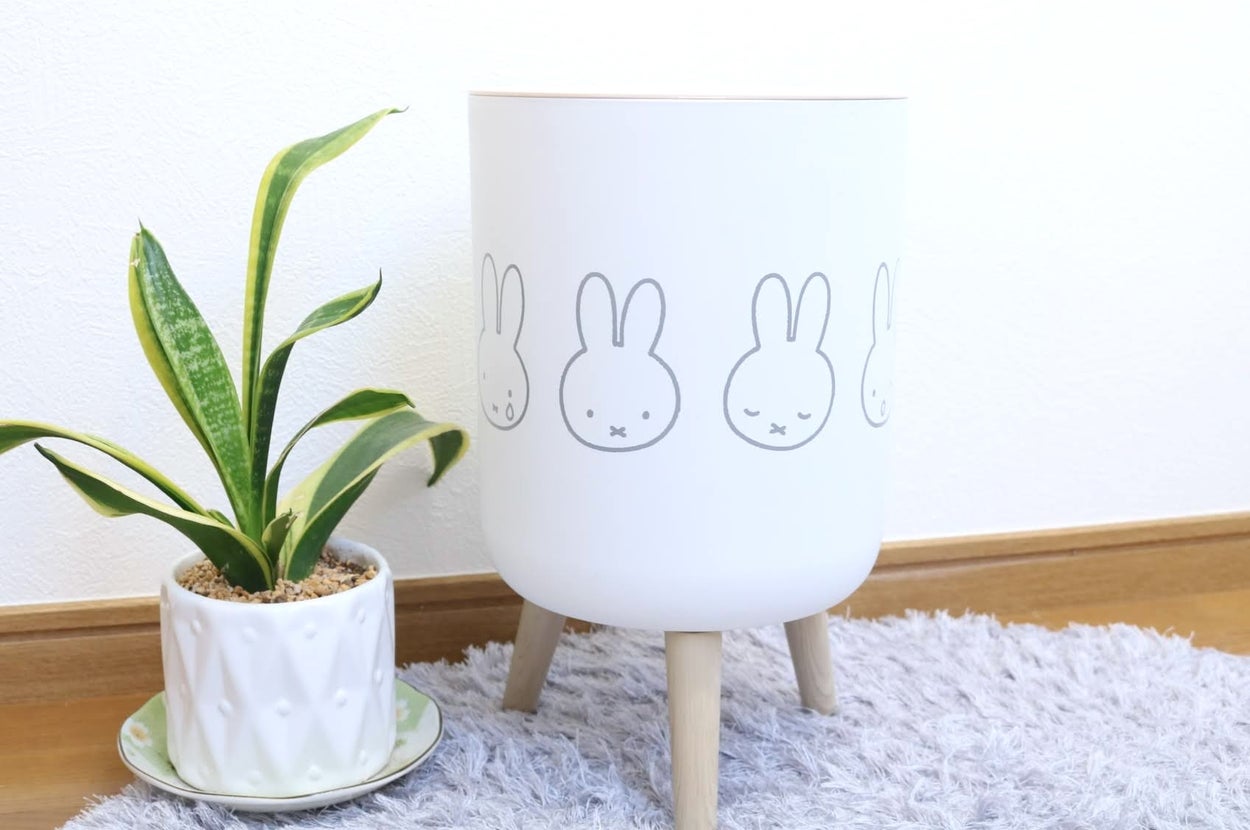 鉢植えの植物とウサギのイラストが描かれた丸い脚付きの白い鉢。