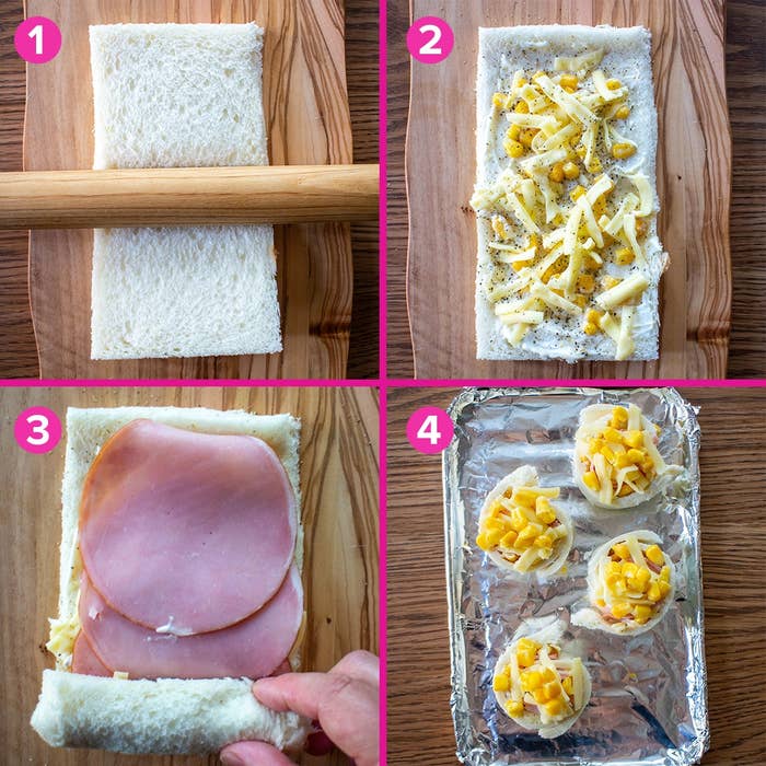パンでチーズとハムを巻き、焼いている様子。調理手順が順番に示されている。