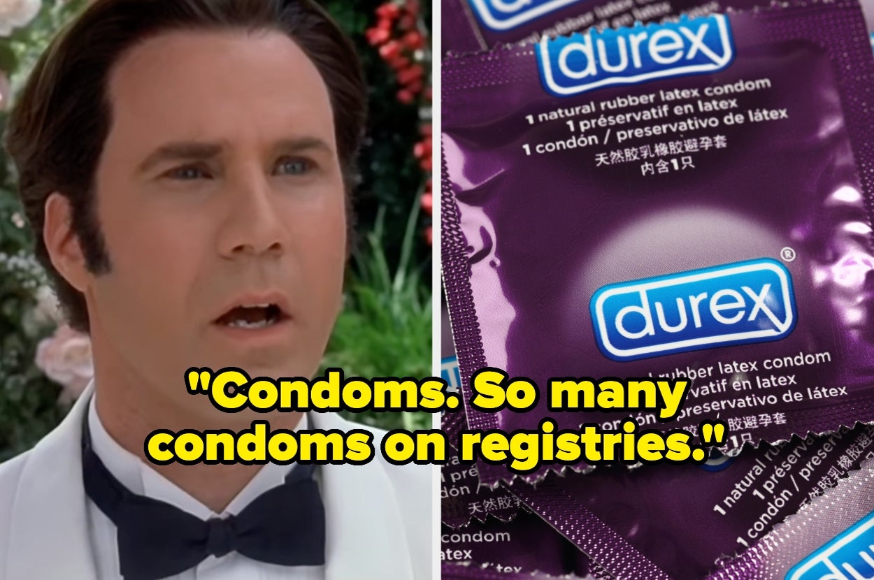 Man in a tuxedo quotes, "Condoms. So many condoms on registries," next to a photo of Durex condom packs