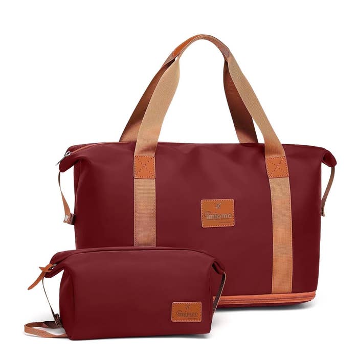 Two brownish leather-trimmed bags, 1 ample and 1 small, suitable for question oregon casual use