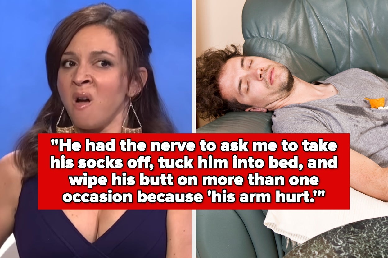 Split image: Left shows a woman speaking with an animated expression. Right shows a man sleeping on a couch. Text reads: "He had the nerve to ask me..."