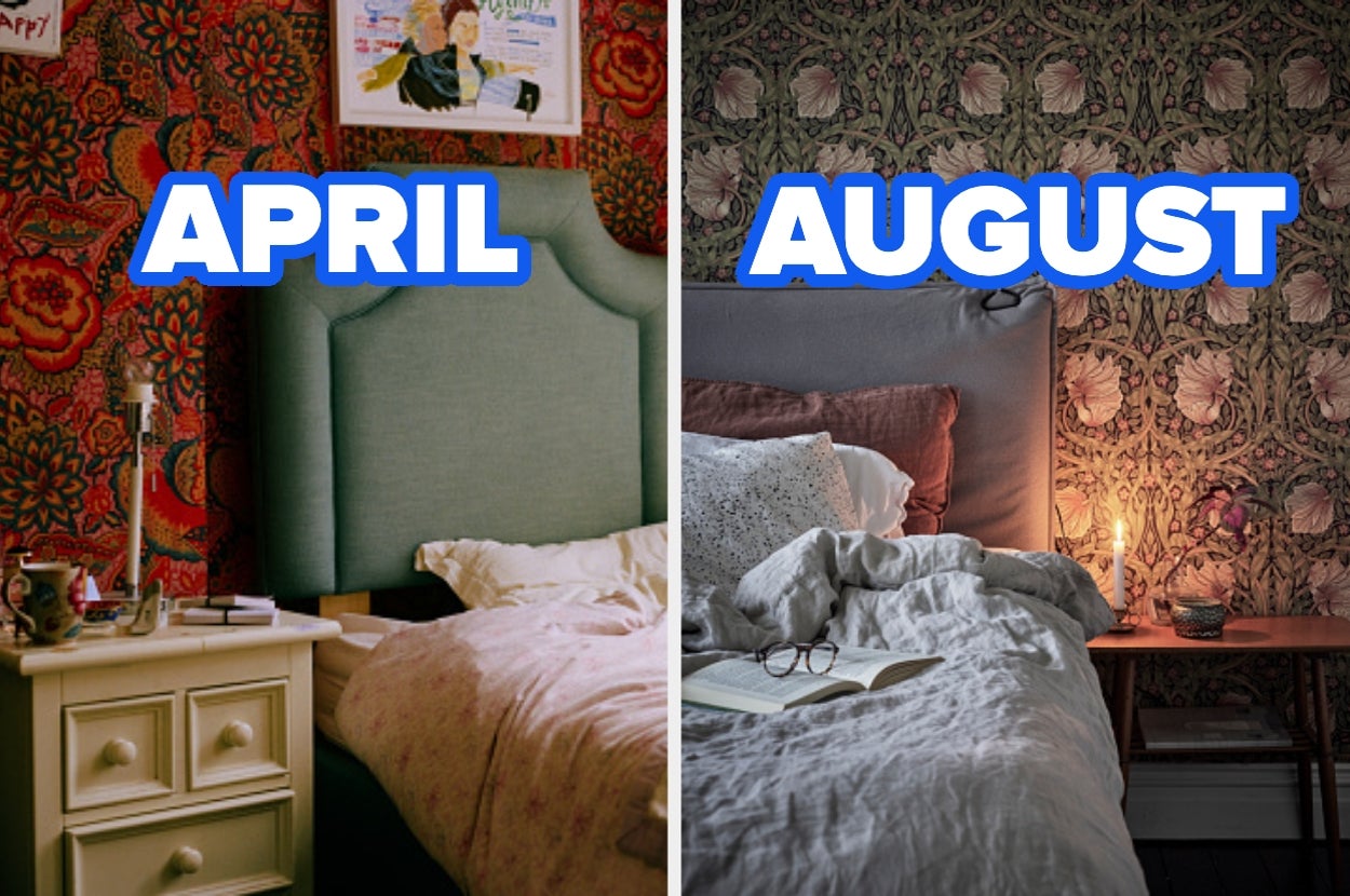 Two-bedroom photos: April shows a tidy, vibrant style; August displays a cozy, lived-in look with an open book and a small lamp on the nightstand
