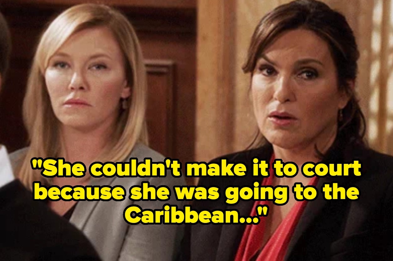 Two women in a courtroom appear surprised. Text: "She couldn't make it to court because she was going to the Caribbean..."