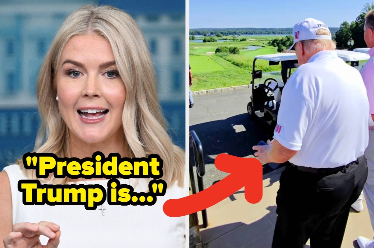 Person speaking at a news conference; right image shows a person in a golf shirt walking. Text overlay reads: "President Trump is..."