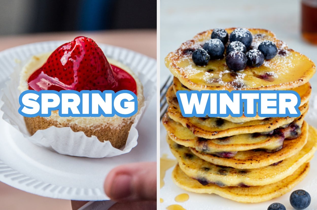 Left: Strawberry tart with "Spring" text. Right: Blueberry pancakes with "Winter" text