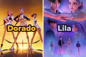 Comparación visual de dos estilos: grupo dorado de tres personas con atuendos brillantes y grupo lila mostrando interacciones cercanas y emotivas