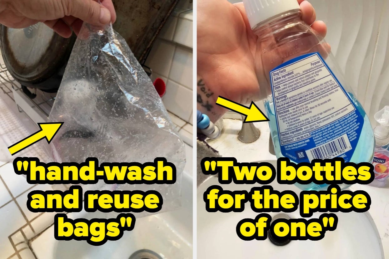 Left: Hand washing a plastic bag in a sink. Right: Bottle in front of a sink with text about getting two for the price of one