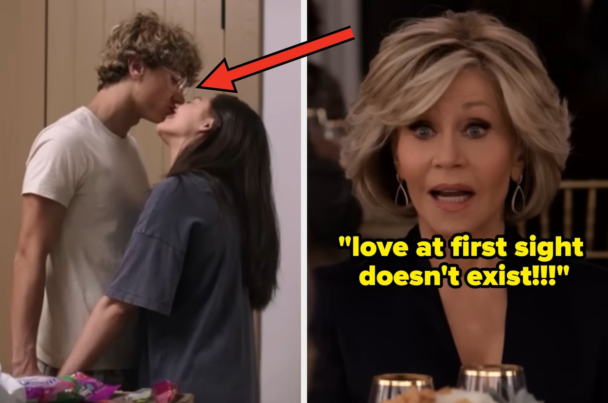 Split image: Left shows a couple almost kissing. Right shows a surprised woman with text stating, "love at first sight isn't real!!!"