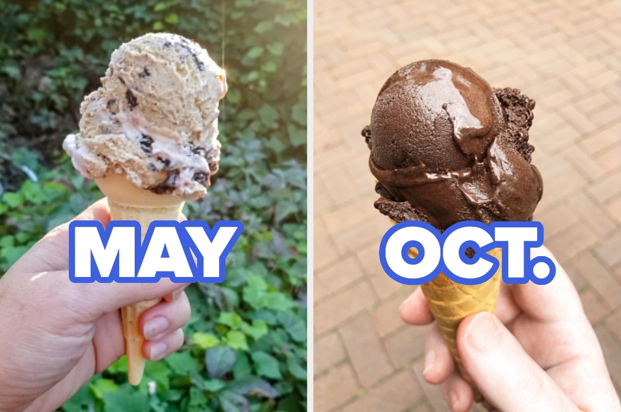 Two ice creams: one with cookie dough labeled "May," and a chocolate flavor labeled "Oct." representing seasonal flavors