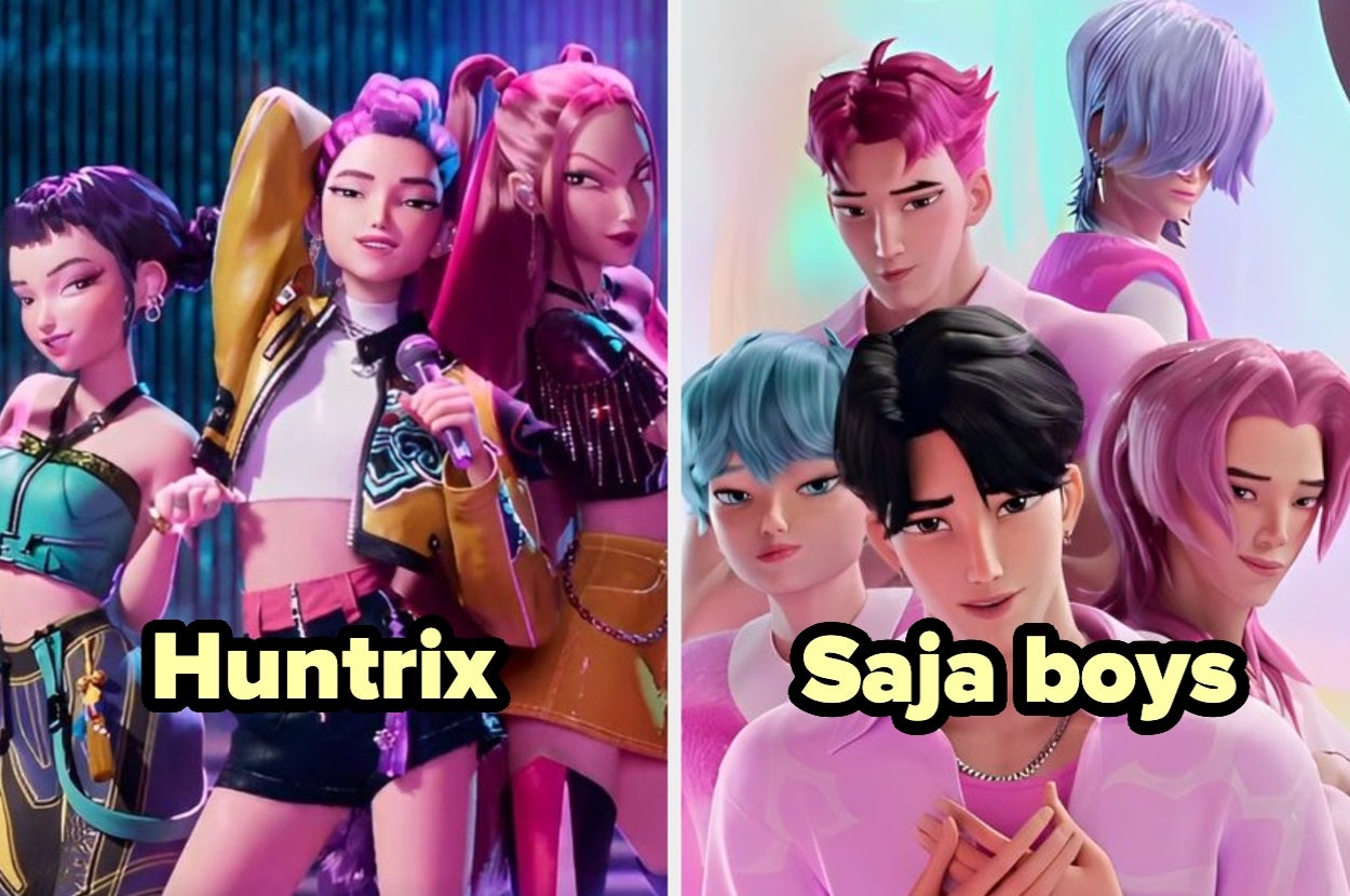 Grupo ficticio Huntrix con atuendos futuristas y Saja Boys con estilo contemporáneo, ambos posando en un ambiente animado