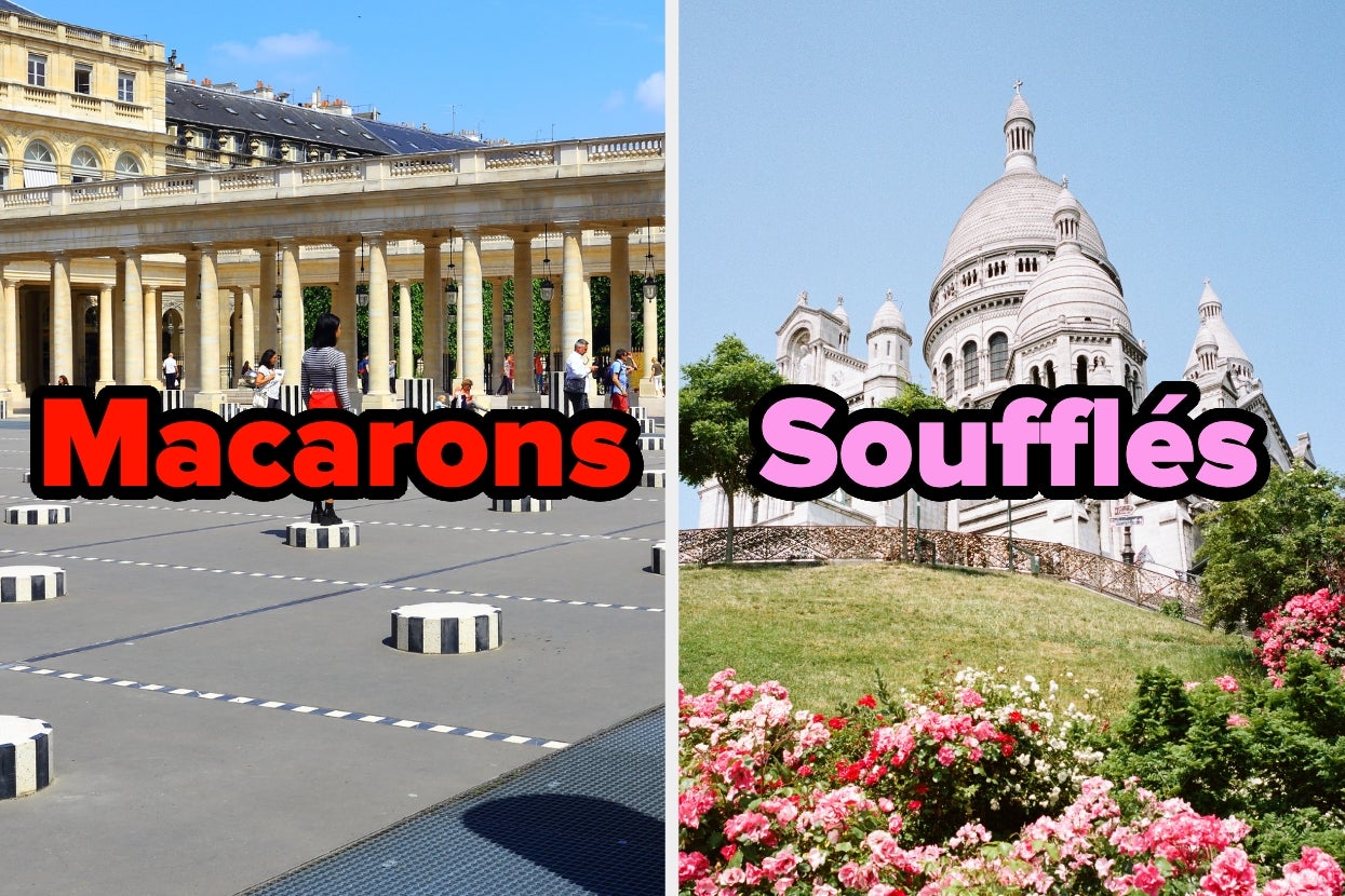 Split image: Left shows a plaza with pillars labeled "Macarons." Right shows a basilica with flowers, labeled "Soufflés."