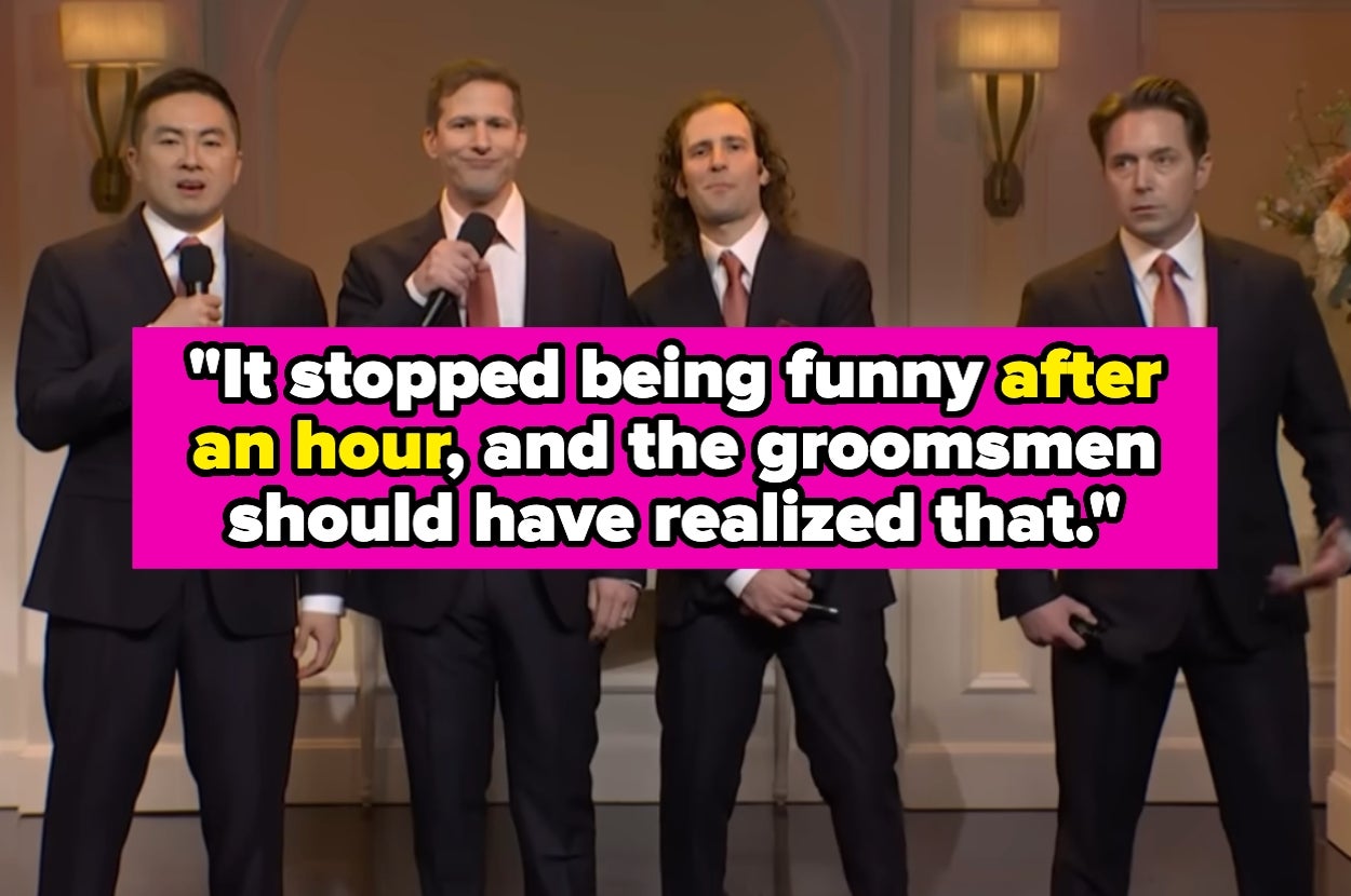 Four men in suits stand on a stage: a quote above reads, "It stopped being funny after an hour, and the groomsmen should have realized that"